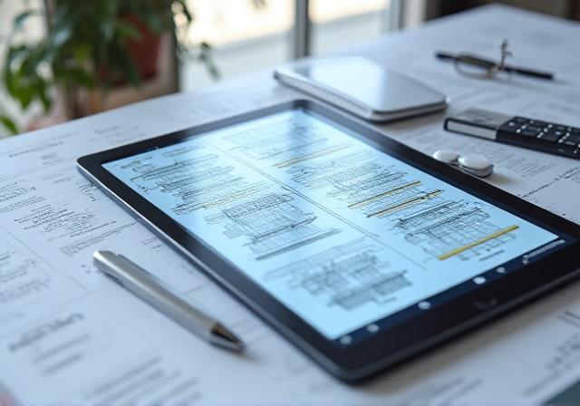 Conceptual image representing Intellectual Property with blueprints and a compass