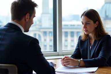 Legal consultant explaining contract details to a client in a modern London office
